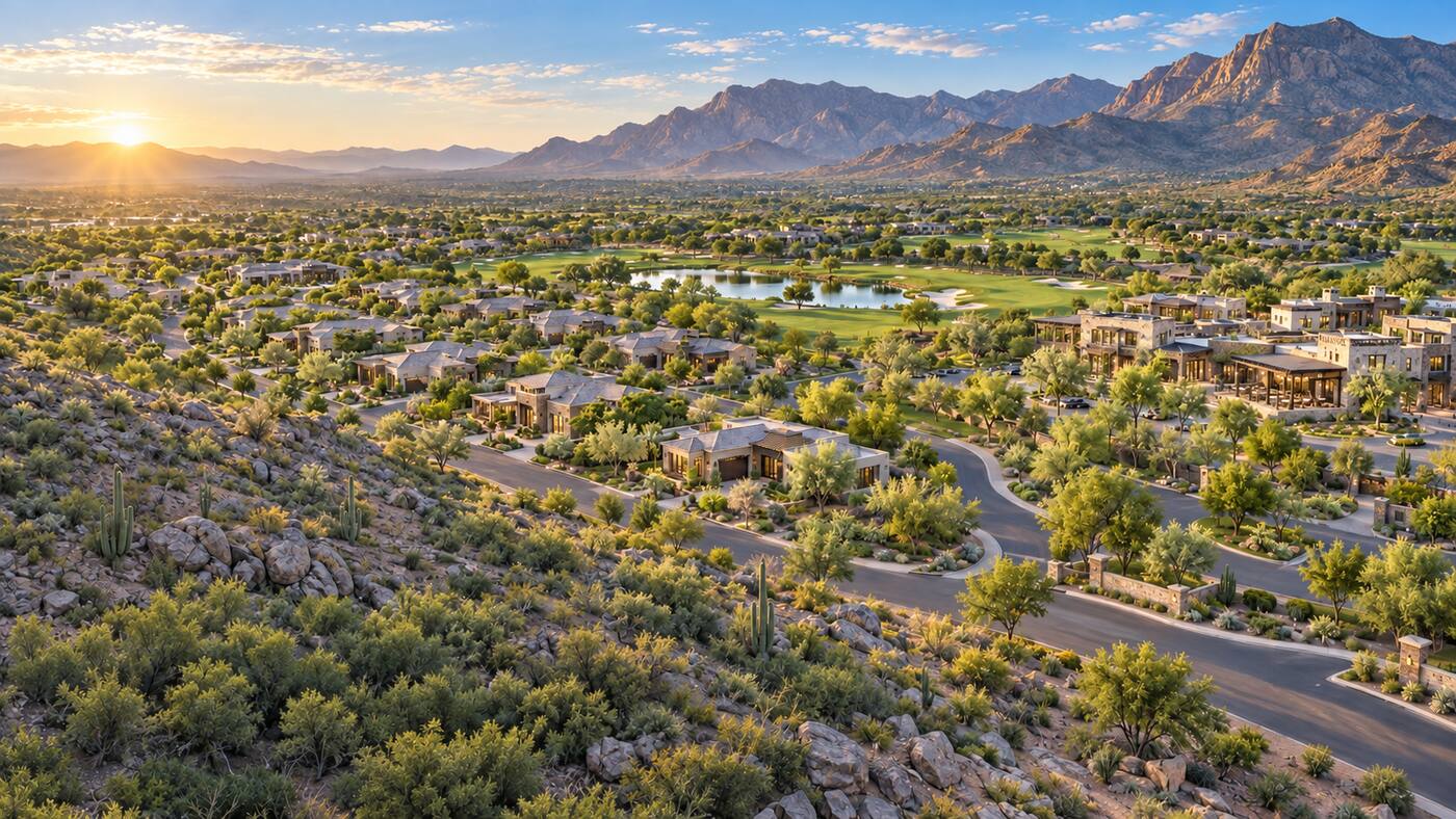 Conceptual aerial view of a master-planned desert community in bright golden-hour light